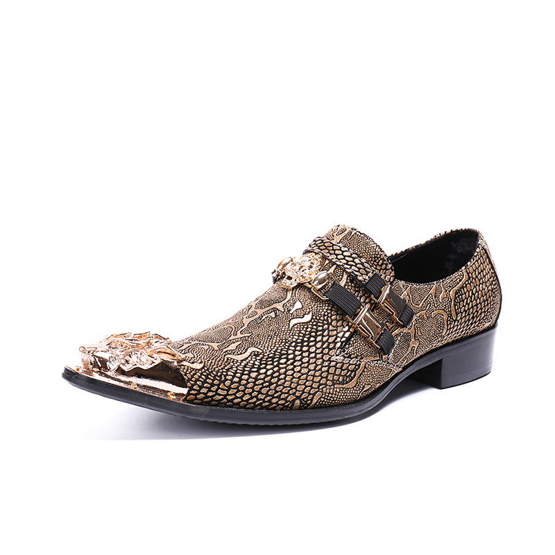Pointed Metal Toe Snake Skin Block Heel Leather Loafers