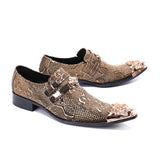 Pointed Metal Toe Snake Skin Block Heel Leather Loafers