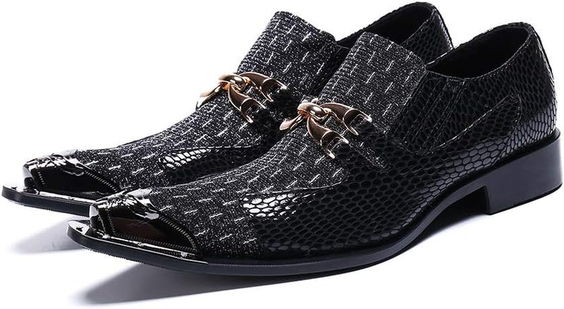 Pointed Metal Toe Crocodile Texture Low Top Slip on Oxford Shoes