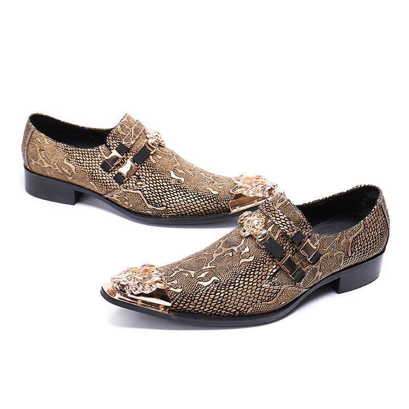 Pointed Metal Toe Snake Skin Block Heel Leather Loafers