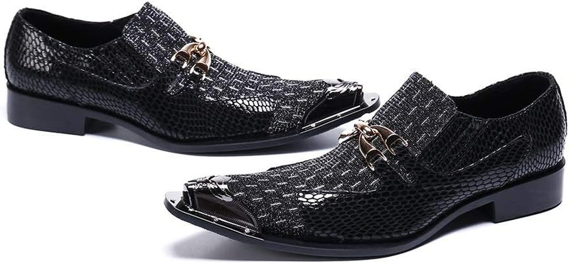 Pointed Metal Toe Crocodile Texture Low Top Slip on Oxford Shoes