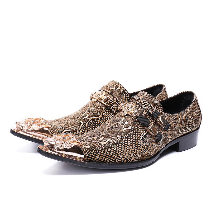 Pointed Metal Toe Snake Skin Block Heel Leather Loafers