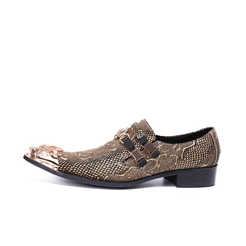Pointed Metal Toe Snake Skin Block Heel Leather Loafers