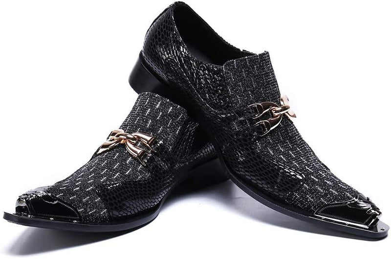 Pointed Metal Toe Crocodile Texture Low Top Slip on Oxford Shoes