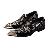 Pointed Metal Toe Embroidered Pattern Patent Slip On Oxford Shoes