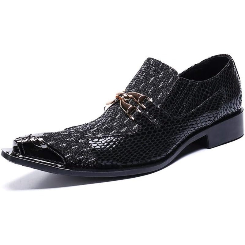 Pointed Metal Toe Crocodile Texture Low Top Slip on Oxford Shoes