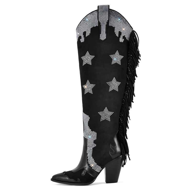 Pointed Toe Diamond Tassel Thick Heel Boots