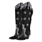 Pointed Toe Diamond Tassel Thick Heel Boots