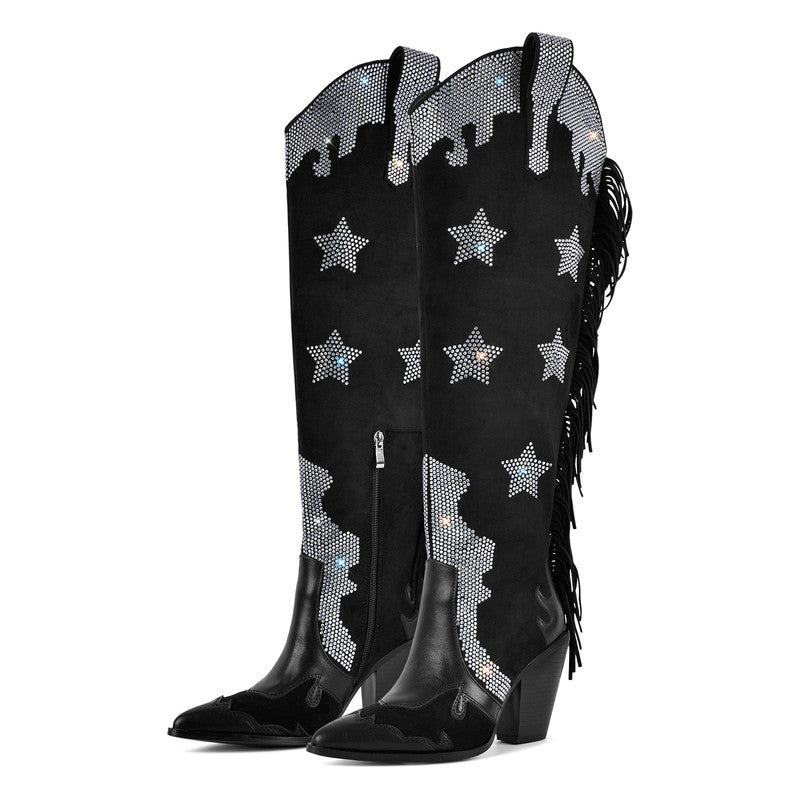 Pointed Toe Diamond Tassel Thick Heel Boots