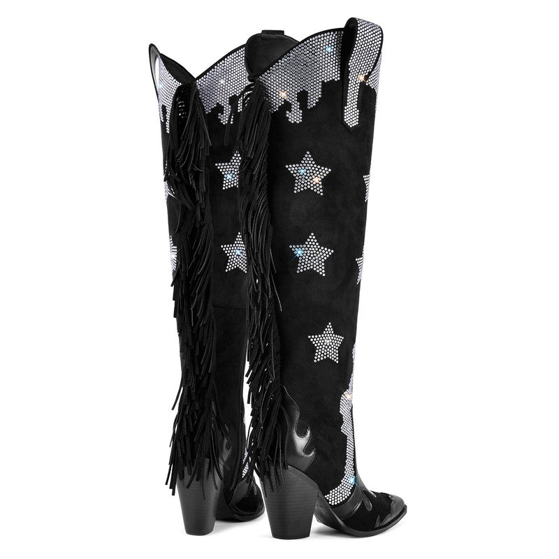 Pointed Toe Diamond Tassel Thick Heel Boots