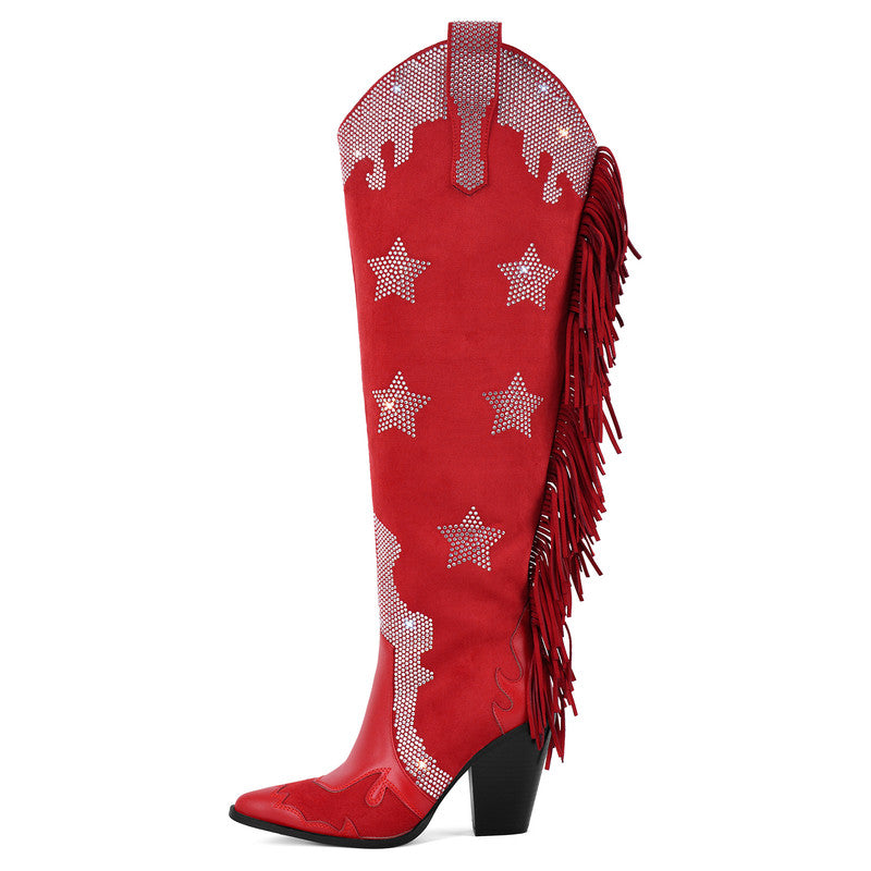 Pointed Toe Diamond Tassel Thick Heel Boots