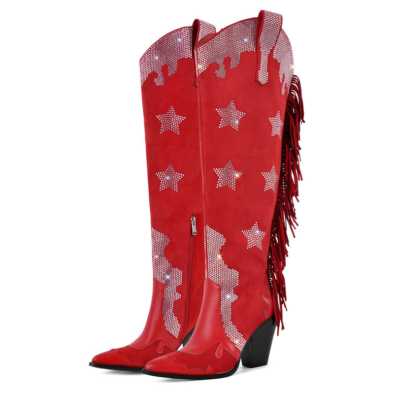 Pointed Toe Diamond Tassel Thick Heel Boots