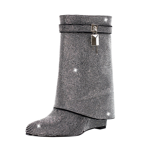 Rhinestone Wedge Fold Over Mid-Calf Boots