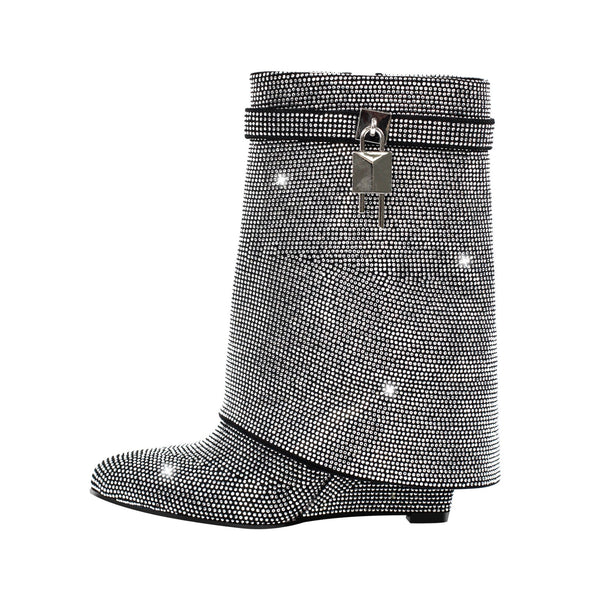 Rhinestone Wedge Fold Over Mid-Calf Boots