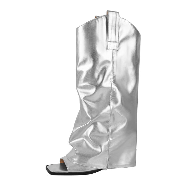 Metallic Open Toe Wedge Heel Boots