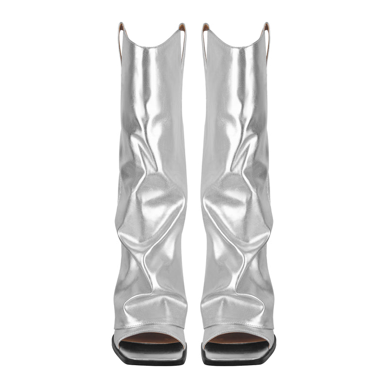 Metallic Open Toe Wedge Heel Boots