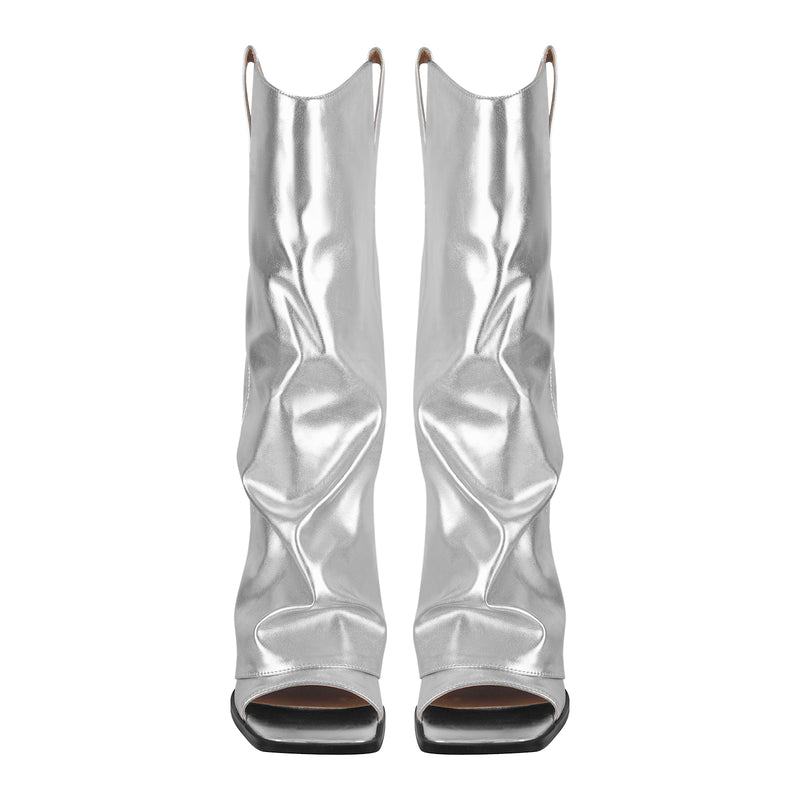 Metallic Open Toe Wedge Heel Boots