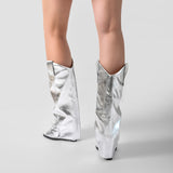 Metallic Open Toe Wedge Heel Boots