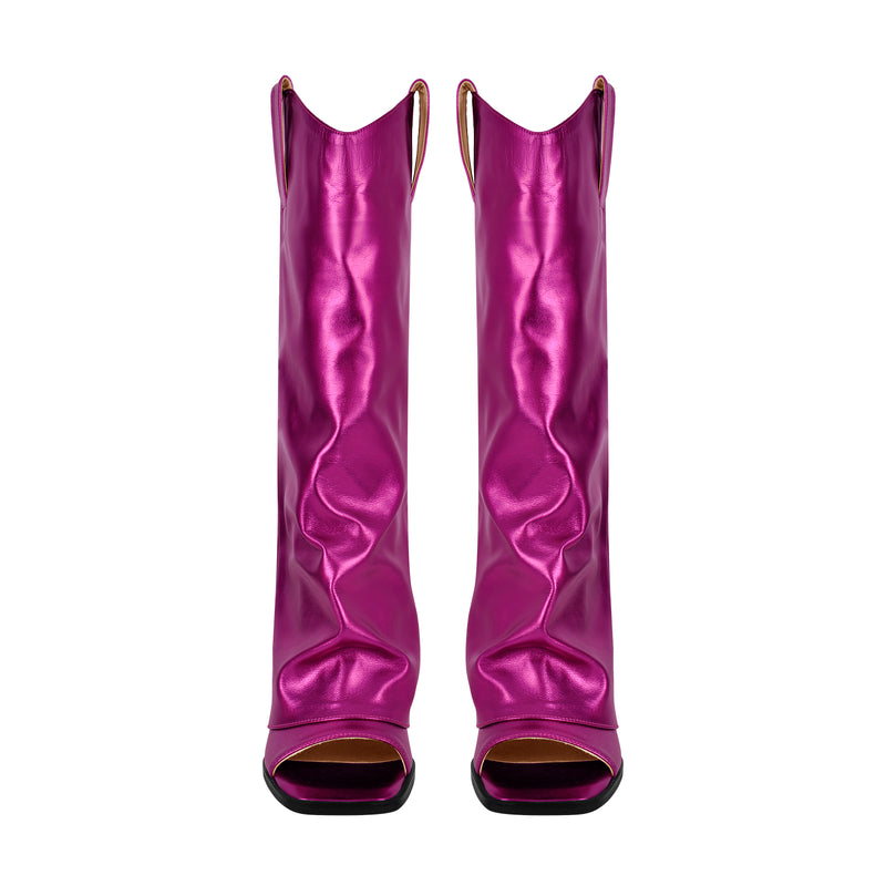 Metallic Open Toe Wedge Heel Boots
