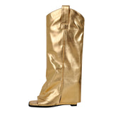 Metallic Open Toe Wedge Heel Boots