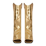 Metallic Open Toe Wedge Heel Boots
