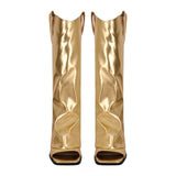 Metallic Open Toe Wedge Heel Boots