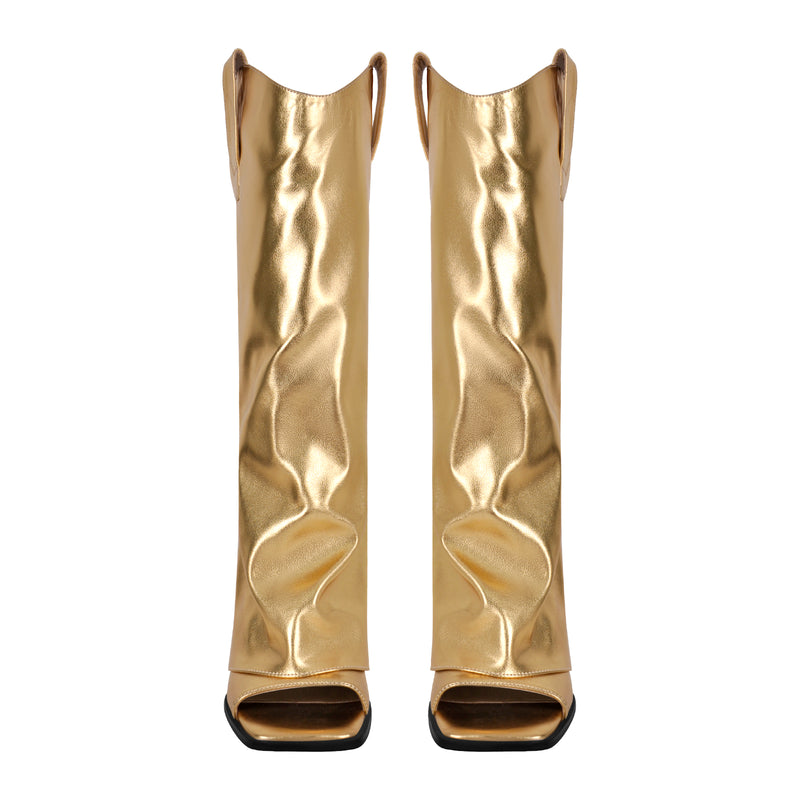 Metallic Open Toe Wedge Heel Boots
