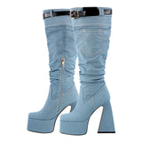 Square Toe Denim Chunky Heel Platform Boots