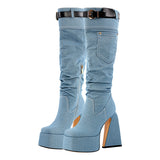 Square Toe Denim Chunky Heel Platform Boots