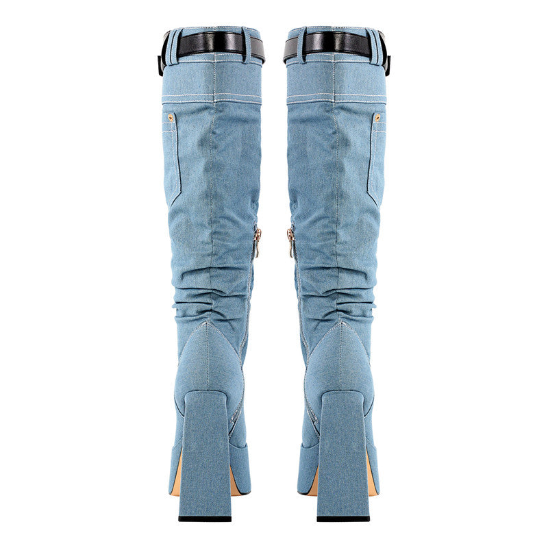 Square Toe Denim Chunky Heel Platform Boots