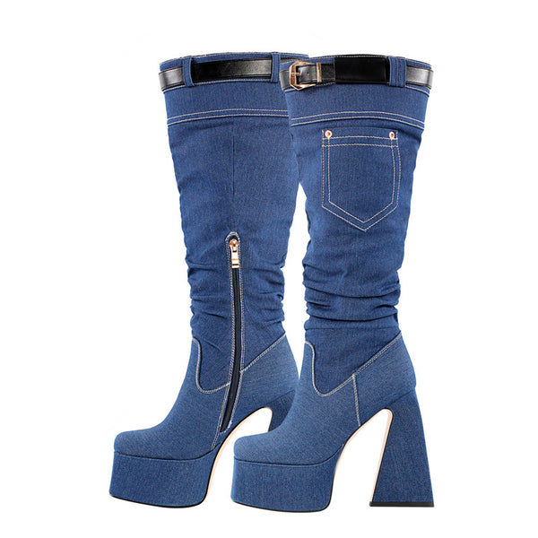 Square Toe Denim Chunky Heel Platform Boots