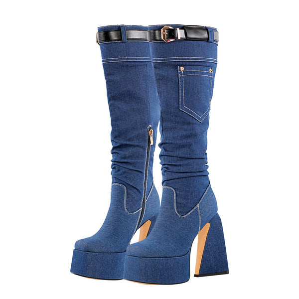 Square Toe Denim Chunky Heel Platform Boots