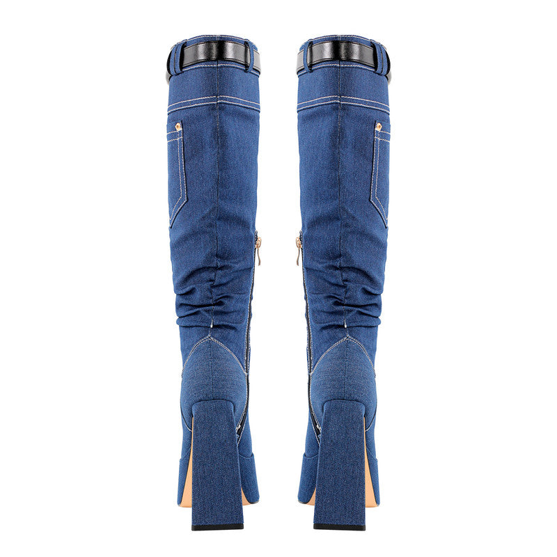 Square Toe Denim Chunky Heel Platform Boots