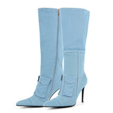Pointed Denim High Heel Boots
