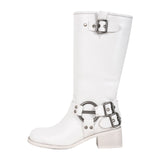Chunky Heel Buckle Square Toe Boots