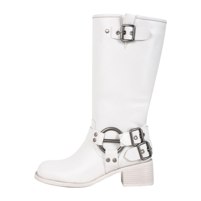 Chunky Heel Buckle Square Toe Boots