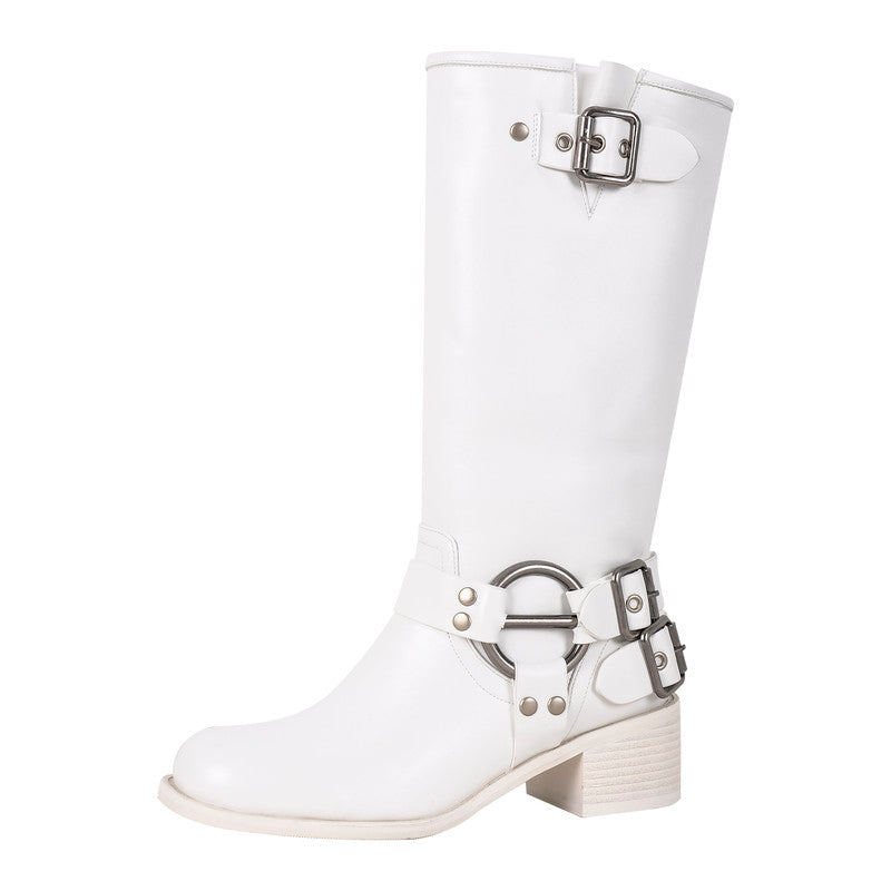 Chunky Heel Buckle Square Toe Boots