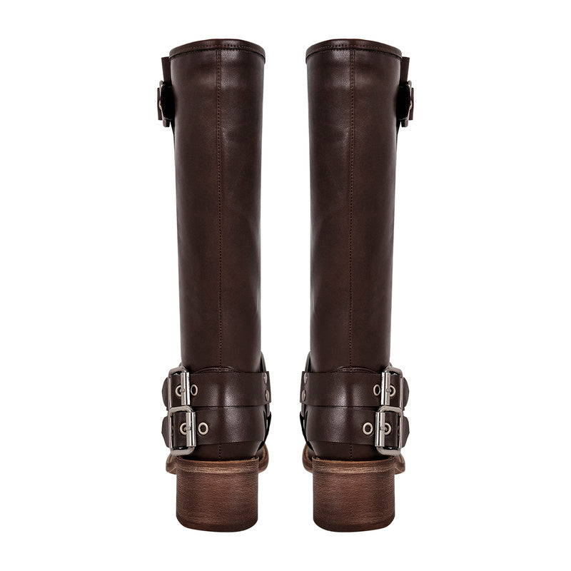 Chunky Heel Buckle Square Toe Boots
