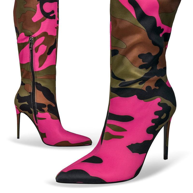 Camouflage Pointed Toe Fold Over Wedge High Boots