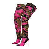 Camouflage Pointed Toe Fold Over Wedge High Boots