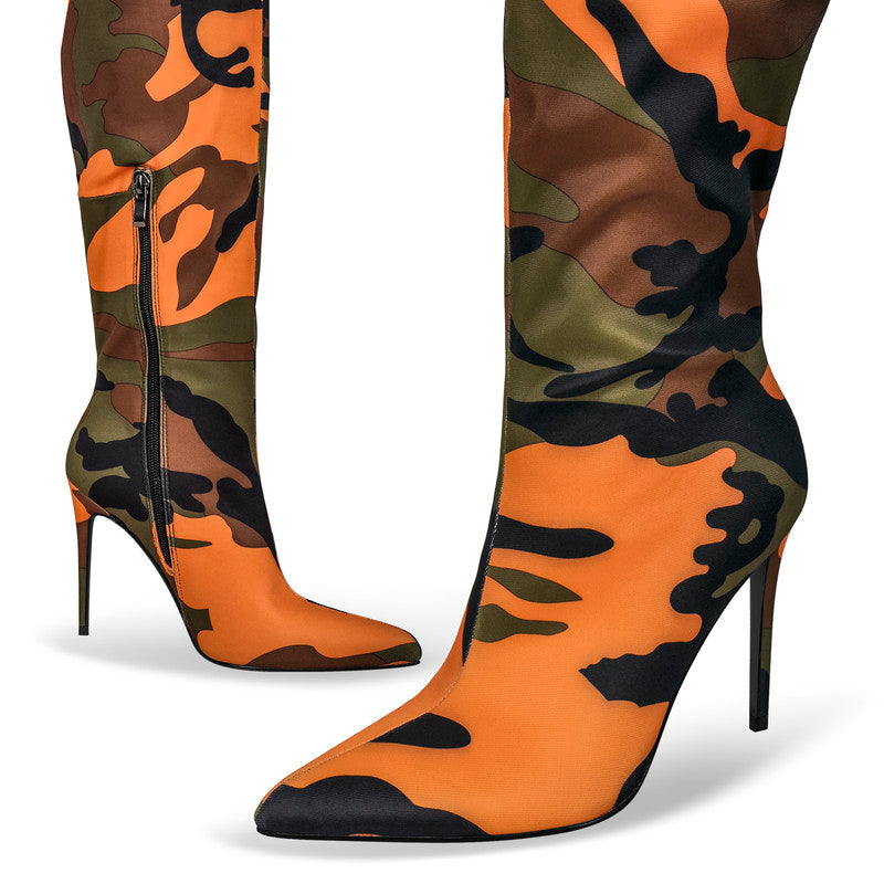 Camouflage Pointed Toe Fold Over Wedge High Boots