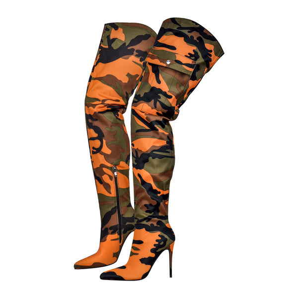 Camouflage Pointed Toe Fold Over Wedge High Boots