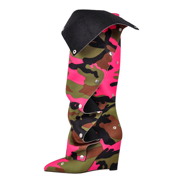 Pointed Toe Wedge Heel Camouflage Fold Over Boots