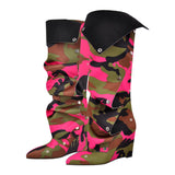 Pointed Toe Wedge Heel Camouflage Fold Over Boots