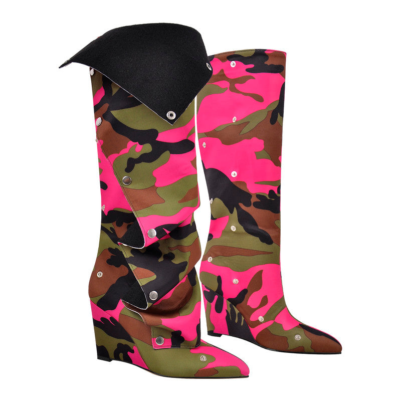 Pointed Toe Wedge Heel Camouflage Fold Over Boots