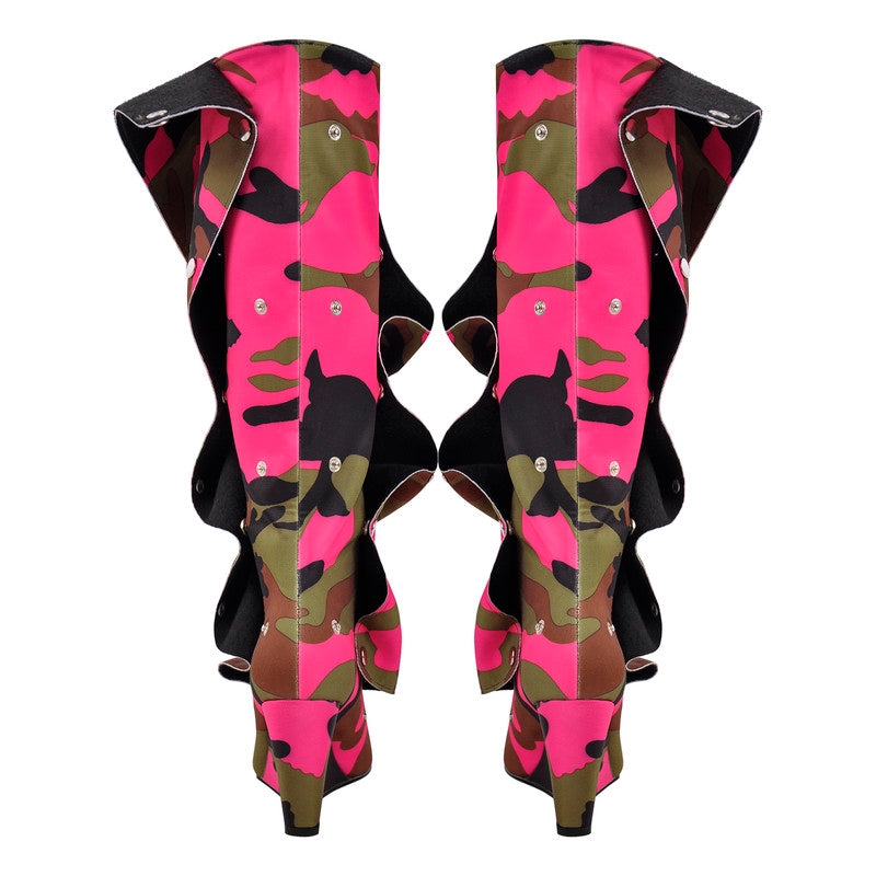 Pointed Toe Wedge Heel Camouflage Fold Over Boots