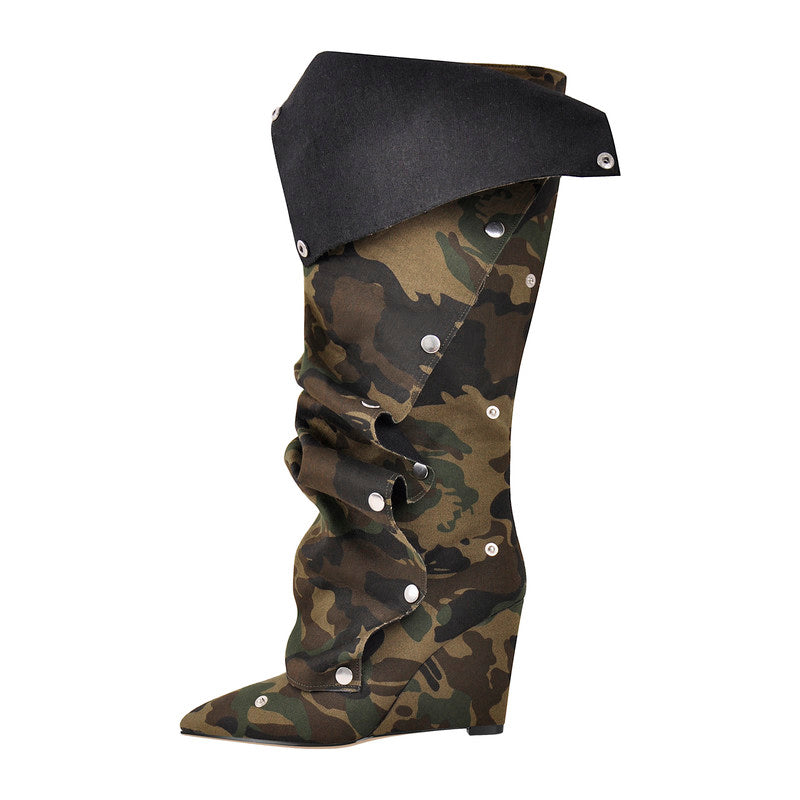 Pointed Toe Wedge Heel Camouflage Fold Over Boots