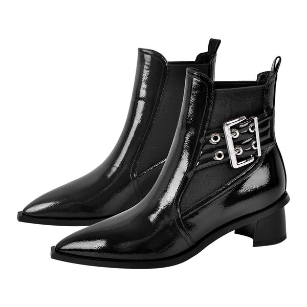 Pointed Toe Buckle Slip on Ankle Boots