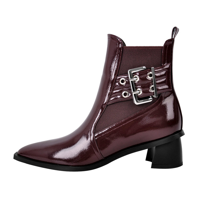 Pointed Toe Buckle Slip on Ankle Boots