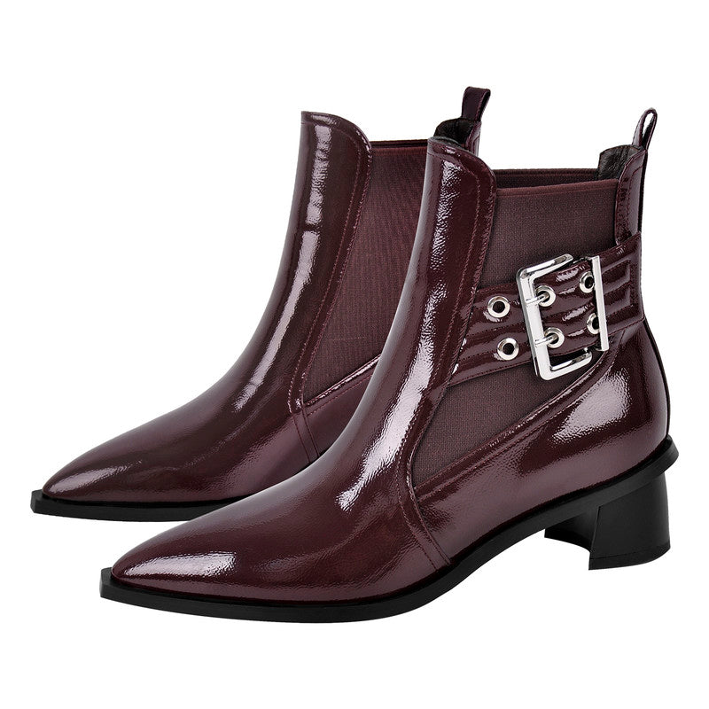 Pointed Toe Buckle Slip on Ankle Boots